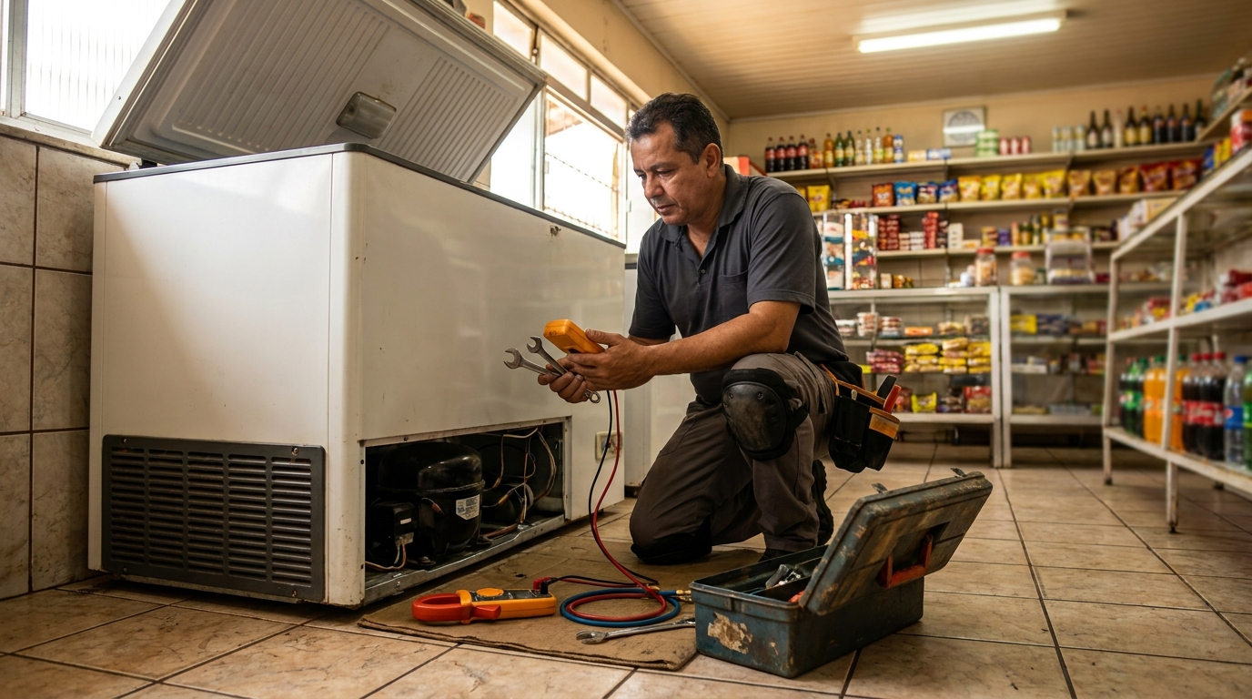Técnico realizando manutenção de motor de freezer em Natal‑RN