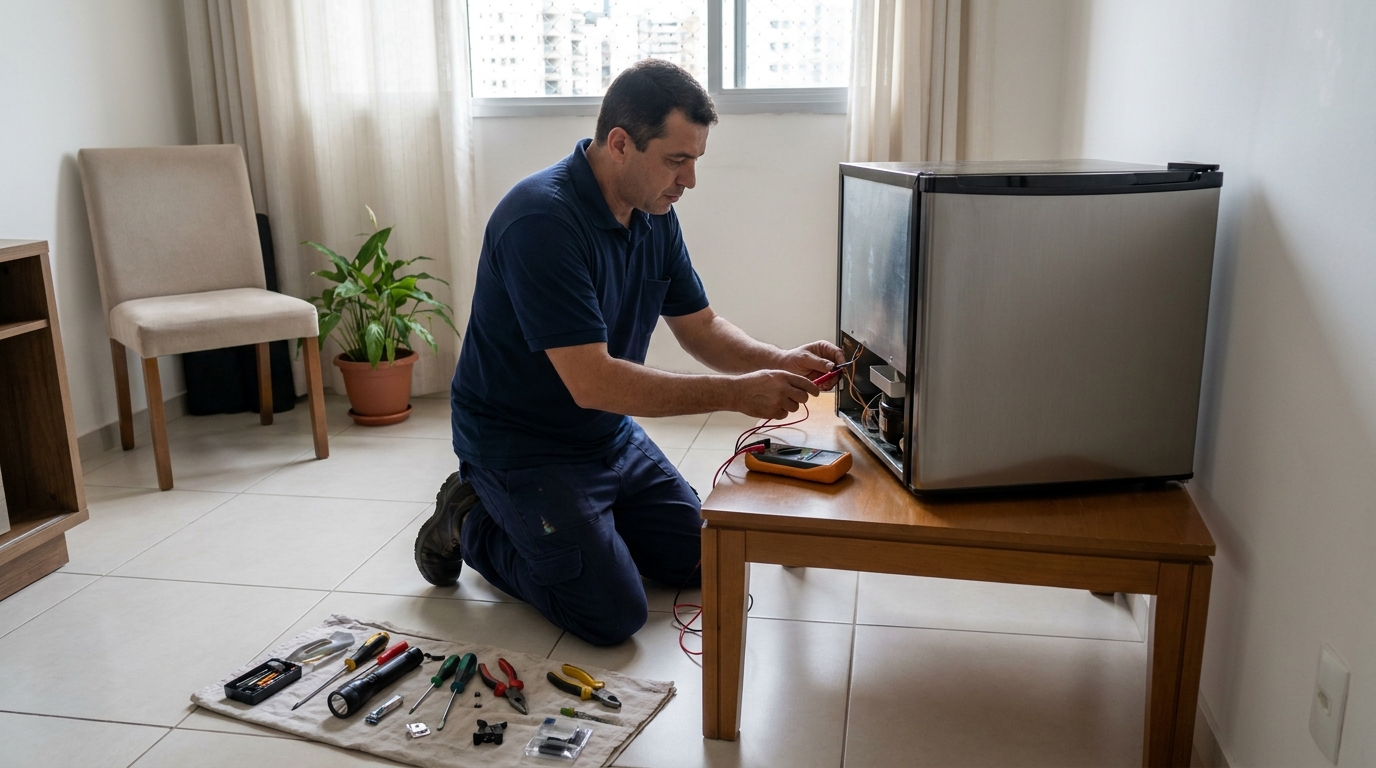 Técnico realizando manutenção de motor de frigobar em Natal‑RN