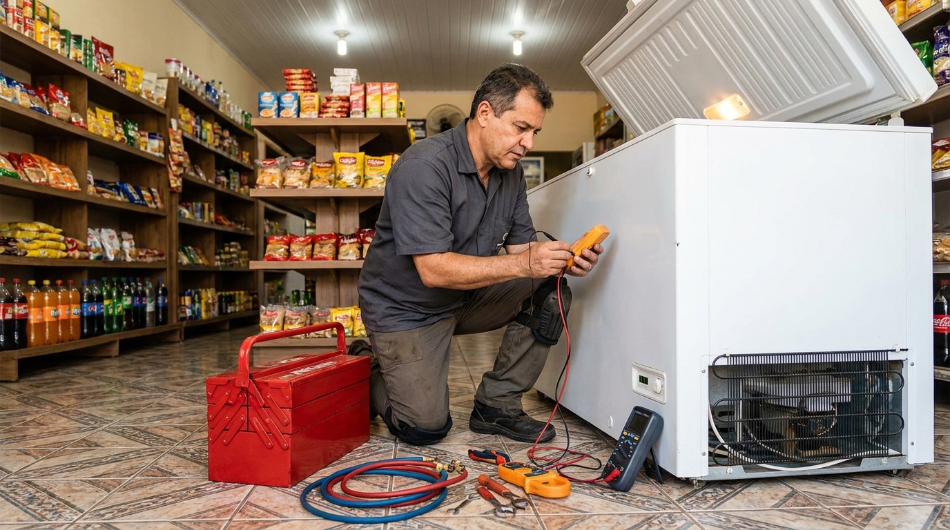 Recarga de gás refrigerante em freezer em atendimento em Natal‑RN