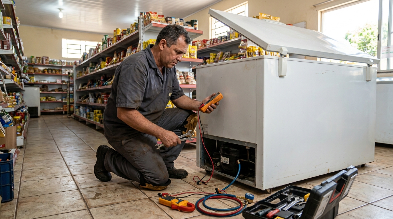 Troca de termostato de freezer em atendimento técnico em Natal‑RN